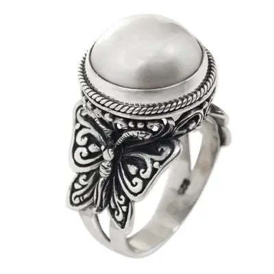 Butterfly Retro Classic Trendy White Akoya Pearl 18k White Gold Plated