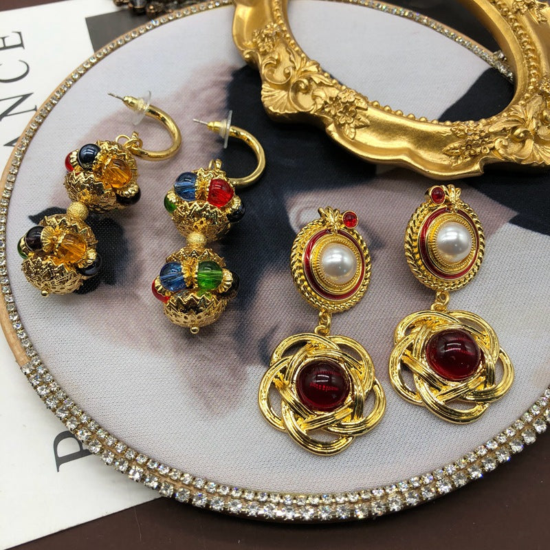 Embelished Red - Multicolor Akoya Pearl & Moissanite Diamonds Elegant 18k Vermeil Gold Plated Drop Earrings | Mix Mix Style-Mix MIx Style