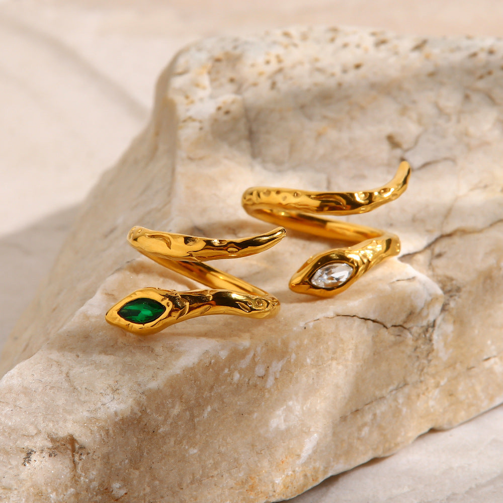 Niche design titanium steel index finger ring light luxury ins trend cold style lava snake-shaped opening inlaid with white/green diamond ring-Mix MIx Style
