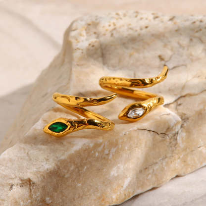 Niche design titanium steel index finger ring light luxury ins trend cold style lava snake-shaped opening inlaid with white/green diamond ring-Mix MIx Style