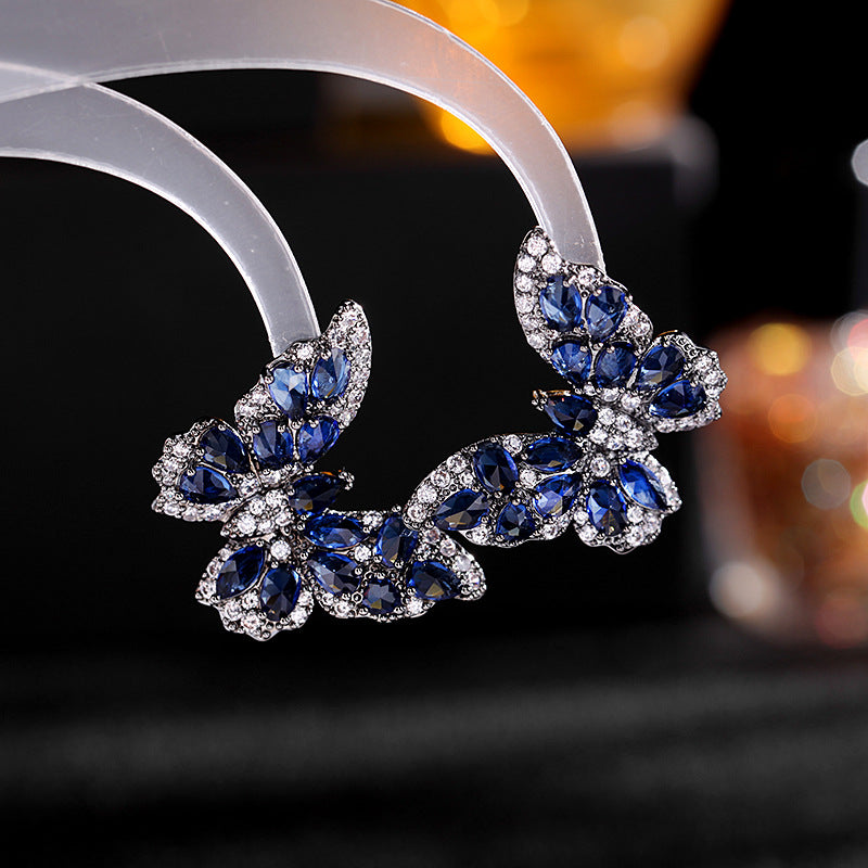 New European and American earrings heavy-duty high-grade color zircon earrings for women with atmospheric s925 silver needle three-dimensional butterfly earrings-Mix MIx Style