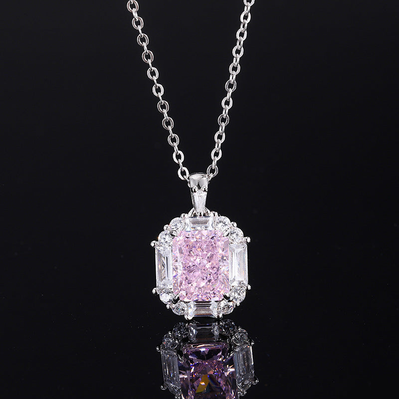 European and American retro fashion daily style high carbon diamond pink diamond pendant ring 8*10 earrings 6*8 set S925 silver-Mix MIx Style