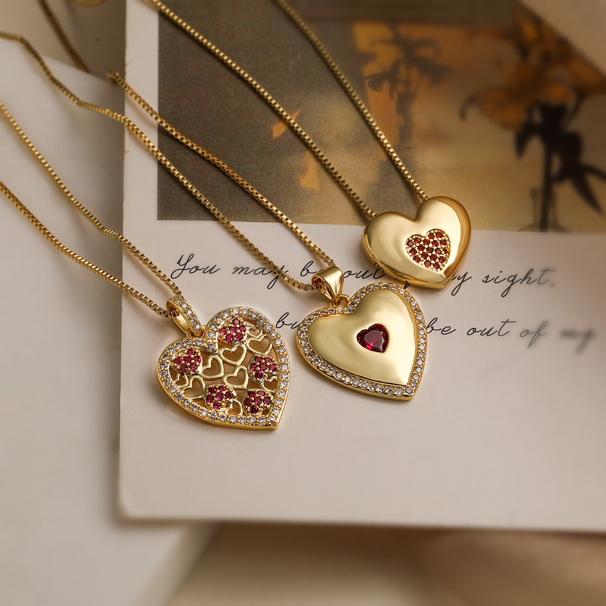 Pink Love Vintage Colid Heart Pendant Heart Cut Diamond Luxury 18k Gold Plated Necklace Jewelry | Mix Mix Style-Mix MIx Style