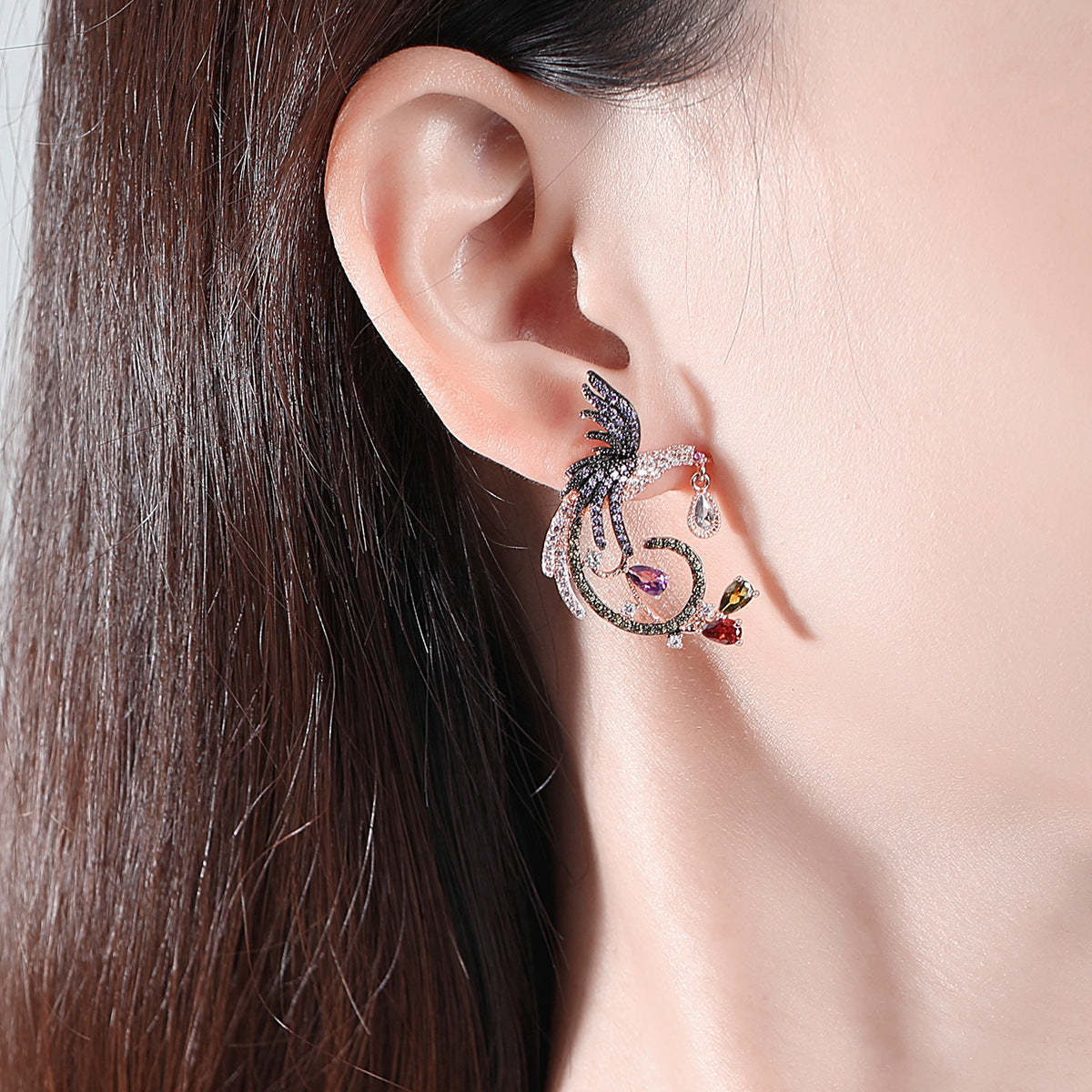 Embellished Bird Multicolor Moissanite Diamonds 18k White Gold Plated Vintage Retro Drop Earrings | Mix Mix Style-Mix MIx Style