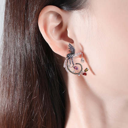 Embellished Bird Multicolor Moissanite Diamonds 18k White Gold Plated Vintage Retro Drop Earrings | Mix Mix Style-Mix MIx Style