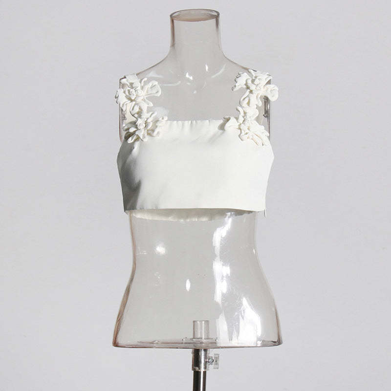 French retro style 2024 summer new sling three-dimensional flower splicing sling high waist mid-length skirt suit for women-Mix MIx Style