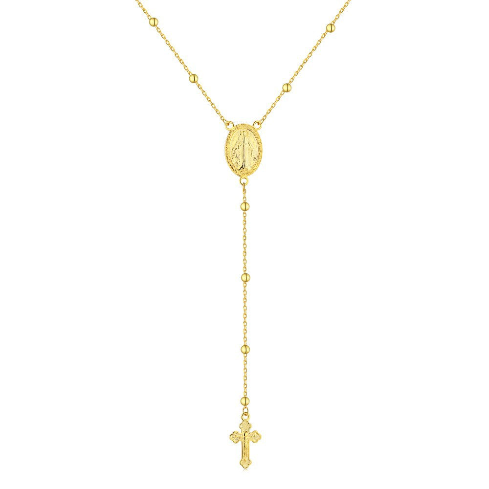 S925 sterling silver necklace female retro fashion simple personality Maria cross pendant long round bead clavicle chain-Mix MIx Style