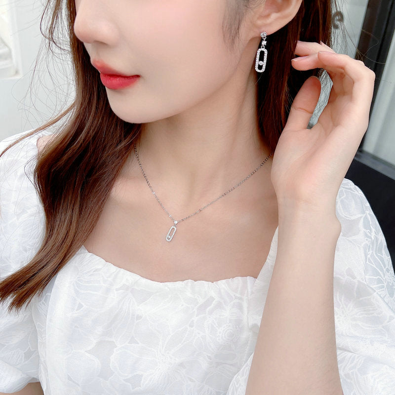 Korean version of the simple and super fairy fresh temperament zircon inlaid hollow geometric earrings clavicle chain jewelry set-Mix MIx Style