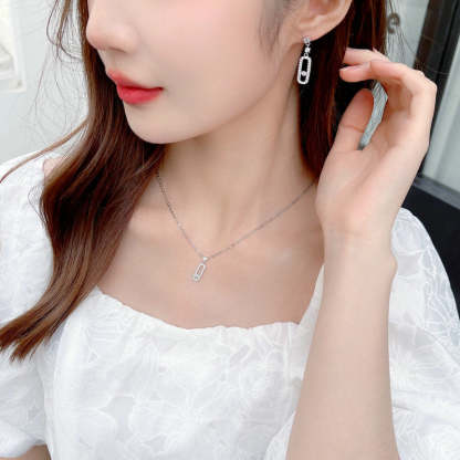 Korean version of the simple and super fairy fresh temperament zircon inlaid hollow geometric earrings clavicle chain jewelry set-Mix MIx Style