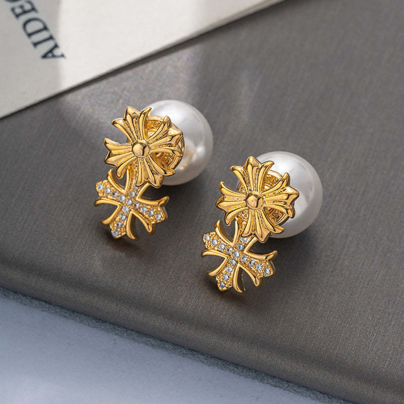 Cross pearl earrings for women, high-end personality, fashionable, popular online celebrity, versatile earrings, European and American light luxury niche earrings-Mix MIx Style