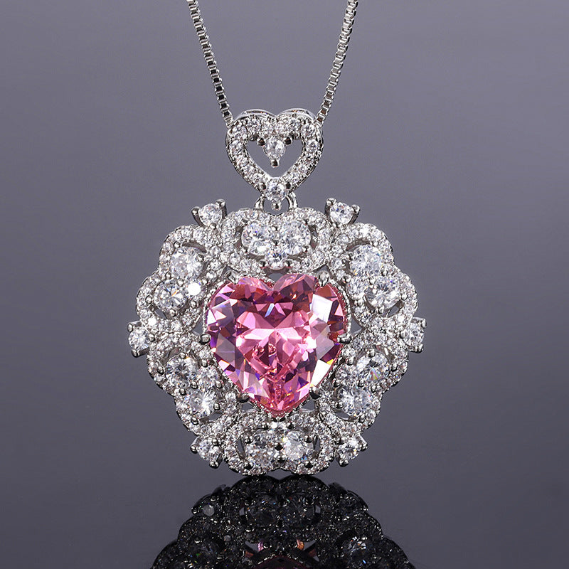 Red/Pink/Yellow Retro Pendant Heart Cut Diamond Luxury 18k White Gold Plated Necklace Earrings Jewelry Set | Mix Mix Style-Mix MIx Style