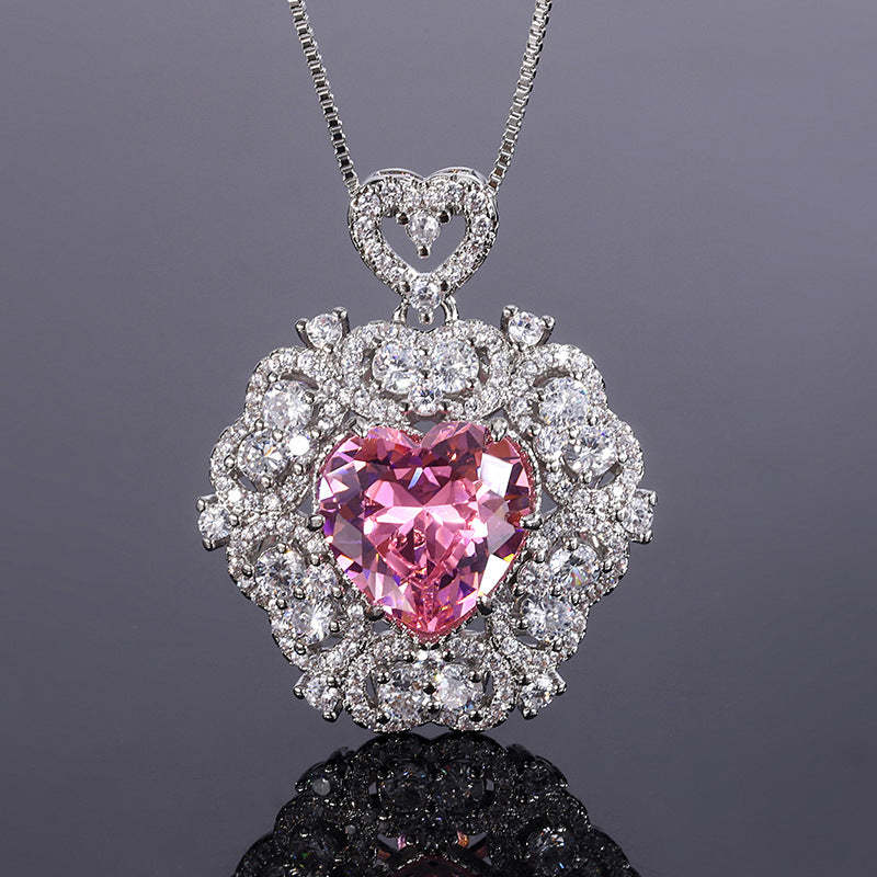 Red/Pink/Yellow Retro Pendant Heart Cut Diamond Luxury 18k White Gold Plated Necklace Earrings Jewelry Set | Mix Mix Style-Mix MIx Style