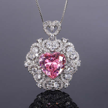Red/Pink/Yellow Retro Pendant Heart Cut Diamond Luxury 18k White Gold Plated Necklace Earrings Jewelry Set | Mix Mix Style-Mix MIx Style