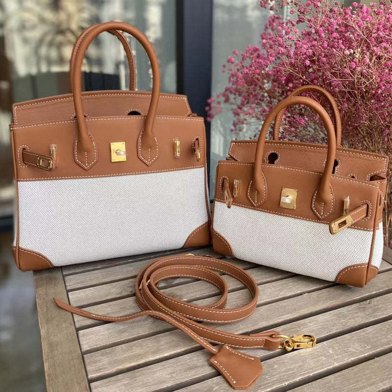 New canvas Swfit leather gold buckle platinum bag female messenger bag casual fashion stitching contrast color shoulder handbag-Mix MIx Style