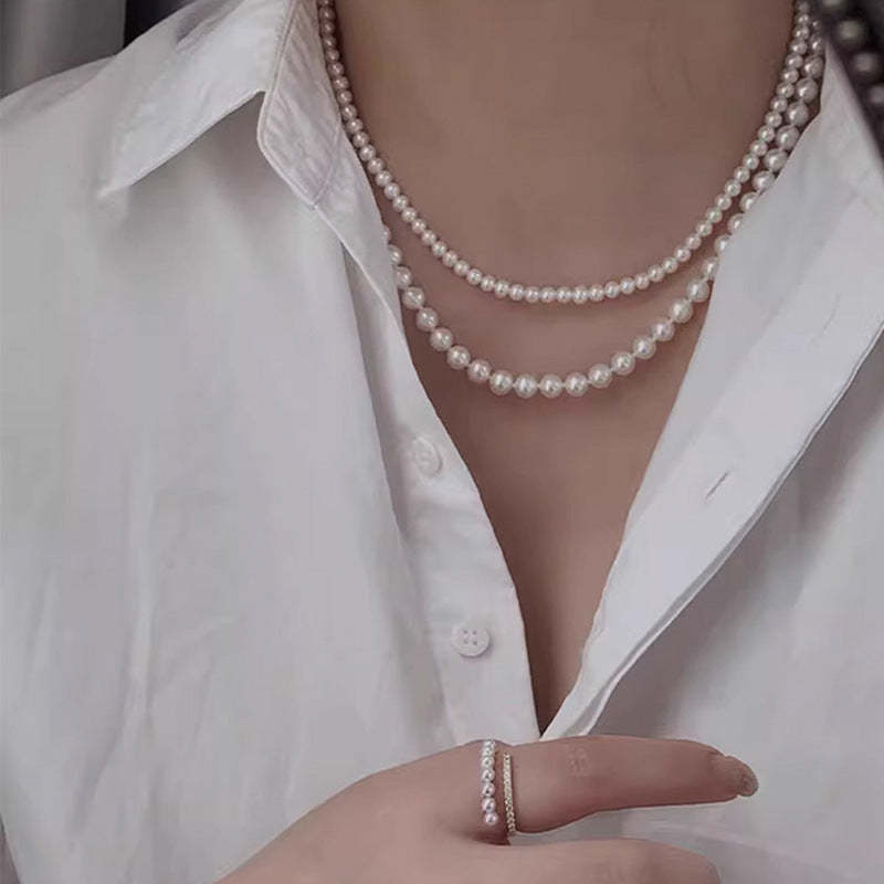 Double-Layer Vintage Retro White Akoya Pearls Elegant 18k Gold Plated Necklace Jewelry Set | Mix Mix Style-Mix MIx Style