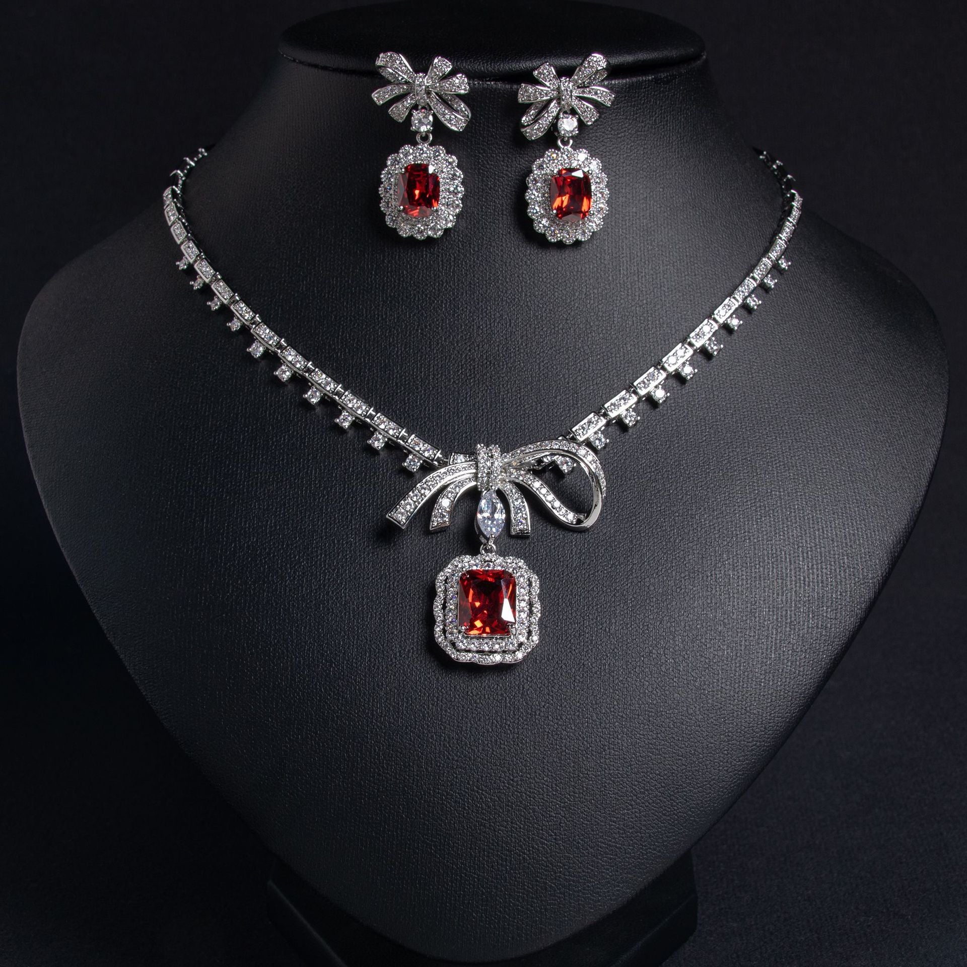 Korean cross-border new bridal jewelry casual women's bow pendant zircon earrings necklace dress jewelry set-Mix MIx Style
