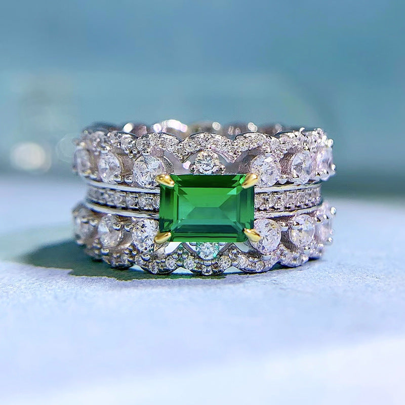 Double Row Luxurious Green Radiant Cut Moissanite Diamond 18k White Gold Plated Engagement Ring | Mix Mix Style-Mix MIx Style