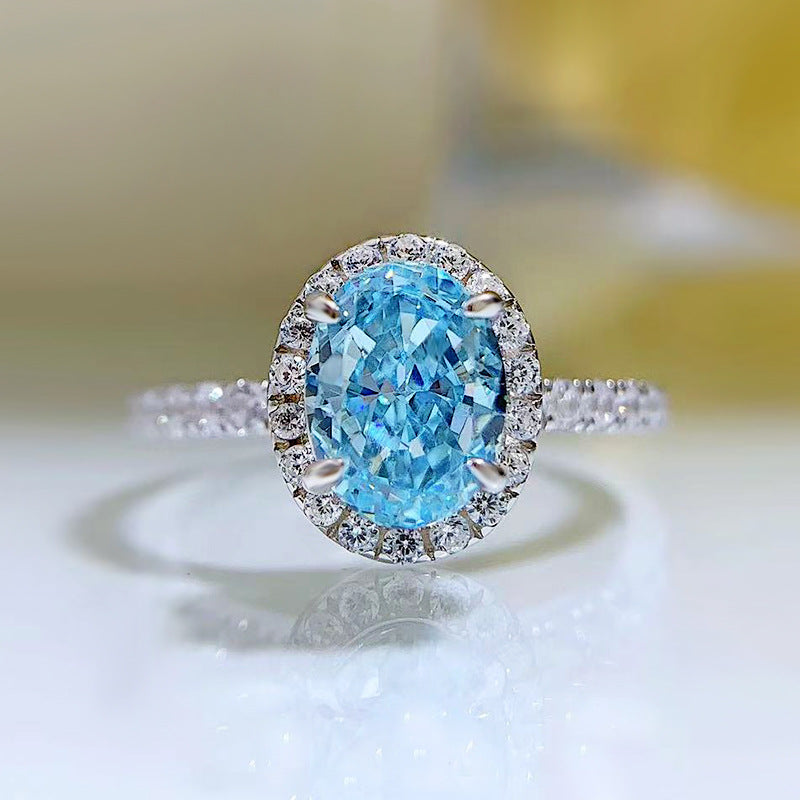Glam Ocean Blue Oval Cut Moissanite Diamond 3ct 18k White Gold Engagement Ring | Mix Mix Style-Mix MIx Style