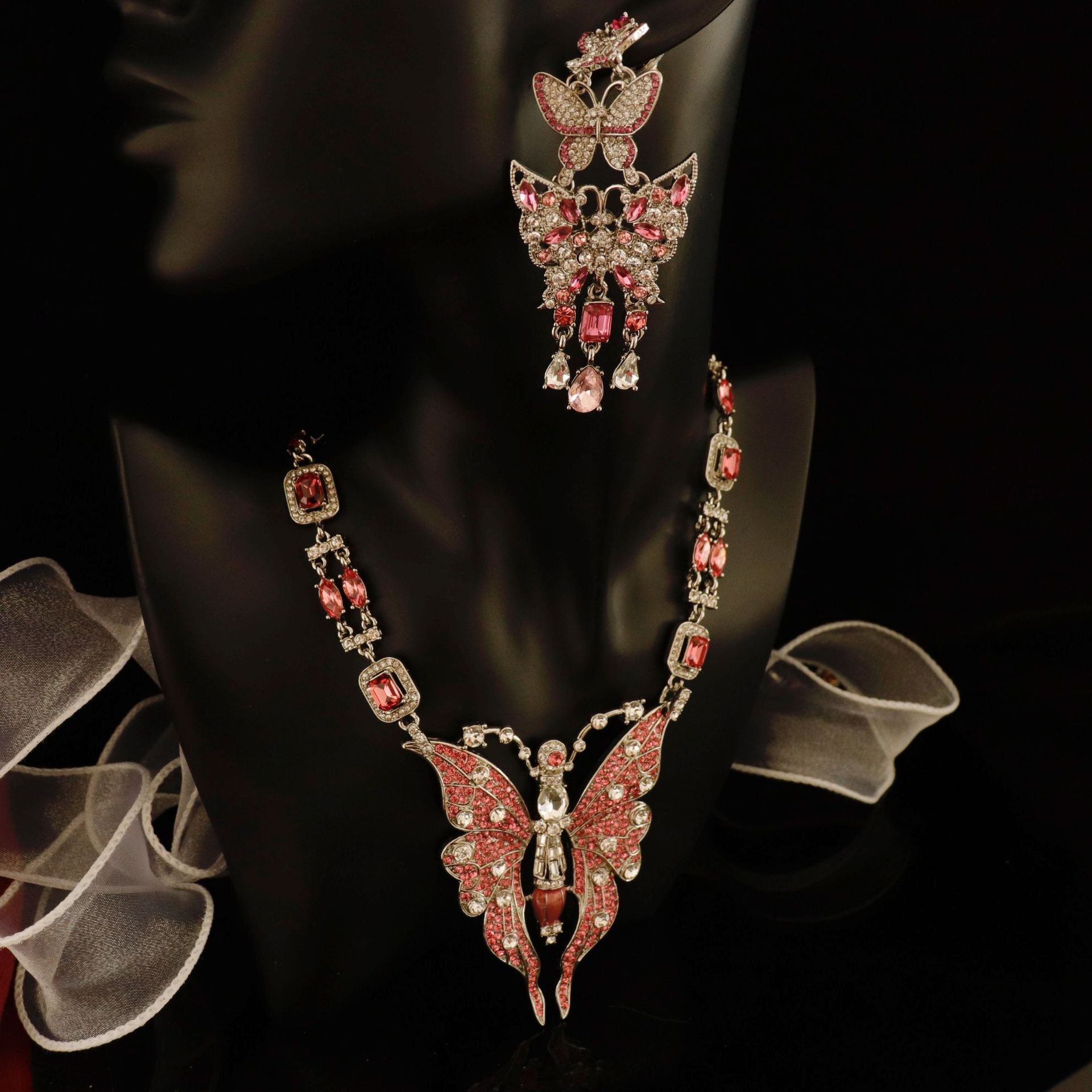 Pink Big Butterfly Retro Classic Pendant Cushion Cut Diamonds Luxury 18k Gold Plated Necklace & Drop Earrings Jewelry Set | Mix Mix Style-Mix MIx Style