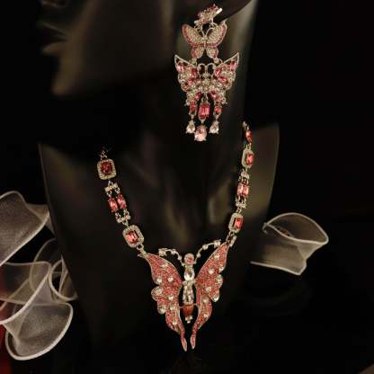 Pink Big Butterfly Retro Classic Pendant Cushion Cut Diamonds Luxury 18k Gold Plated Necklace & Drop Earrings Jewelry Set | Mix Mix Style-Mix MIx Style