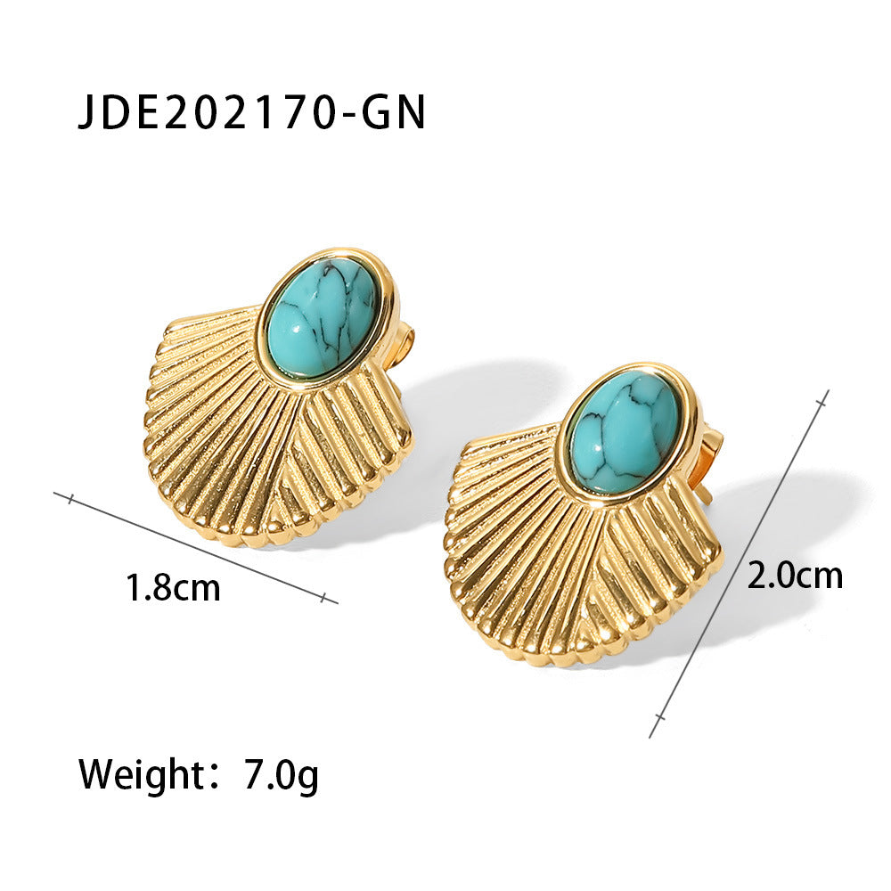 Fan Shaped Retro Classic Turquoise Shaped Gemstone Elegant 18k Vermeil Gold Plated Stud Earrings | Mix Mix Style-Mix MIx Style