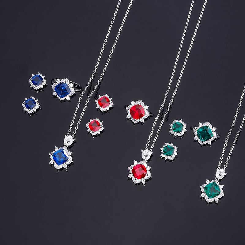 New S925 silver jewelry simulated colorful treasure square simple daily style suit for women 9*9-7*7-Mix MIx Style