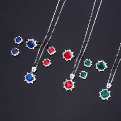New S925 silver jewelry simulated colorful treasure square simple daily style suit for women 9*9-7*7-Mix MIx Style