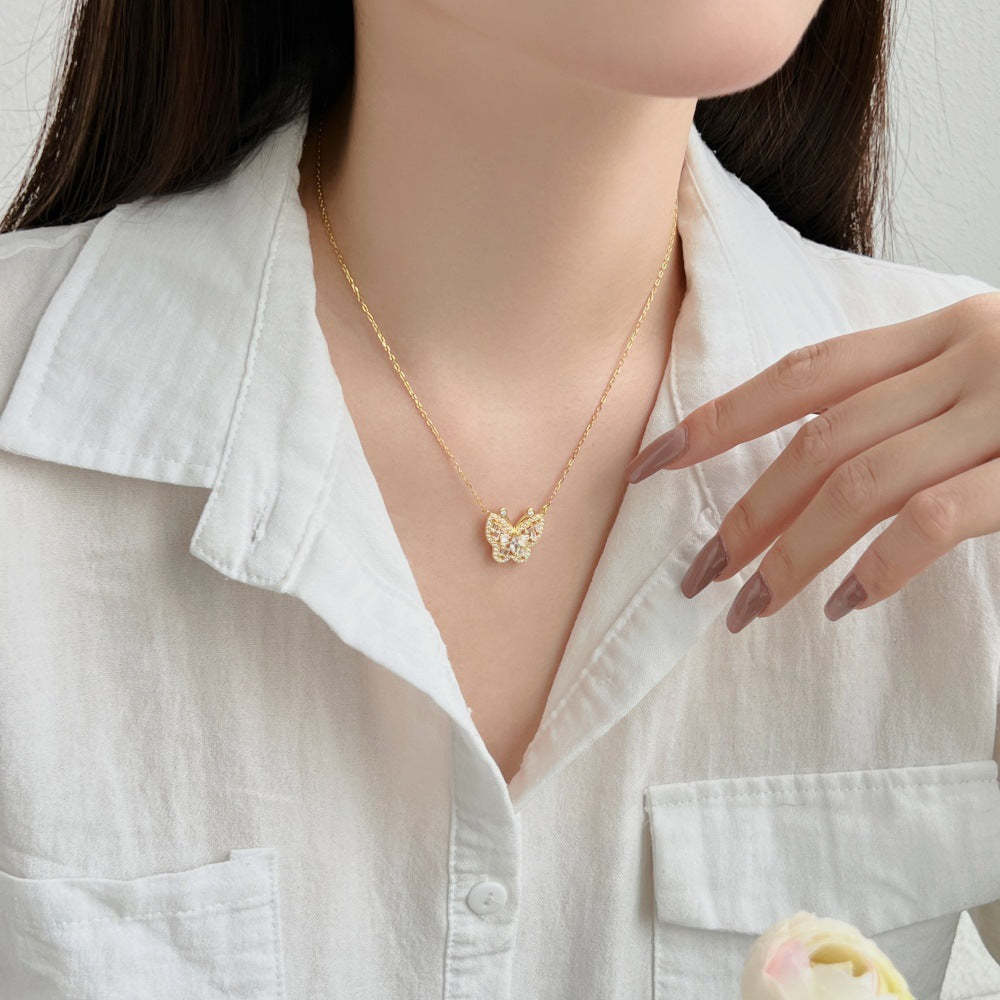 S925 sterling silver butterfly necklace women's marquise-shaped rectangular inlaid butterfly design exquisite clavicle chain neck accessories-Mix MIx Style