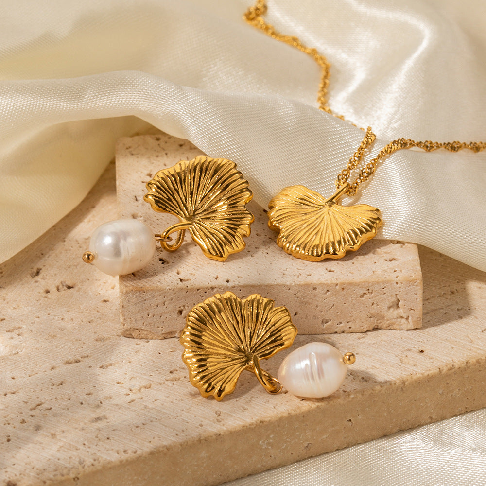 Golden Fan Retro Pendant Akoya Pearl Diamond Luxury 18k Gold Plated Necklace Earrings Jewelry Set | Mix Mix Style-Mix MIx Style