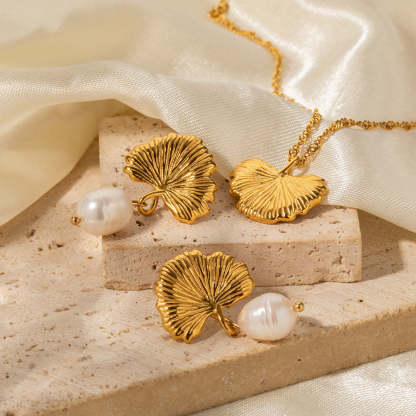 Golden Fan Retro Pendant Akoya Pearl Diamond Luxury 18k Gold Plated Necklace Earrings Jewelry Set | Mix Mix Style-Mix MIx Style