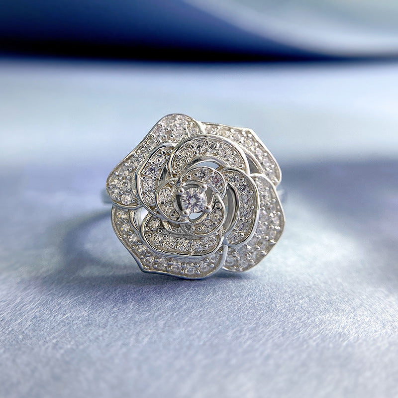 Flower White Camellia Round Cut Moissanite Diamonds 18k White Gold Plated Engagement Ring | Mix Mix Style-Mix MIx Style