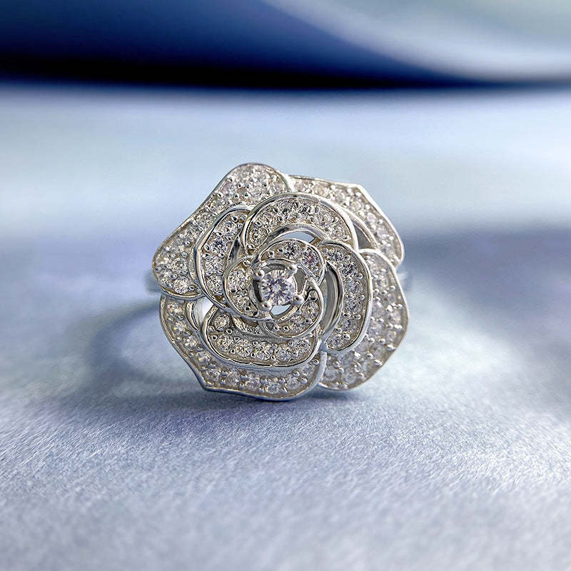 Flower White Camellia Round Cut Moissanite Diamonds 18k White Gold Plated Engagement Ring | Mix Mix Style-Mix MIx Style