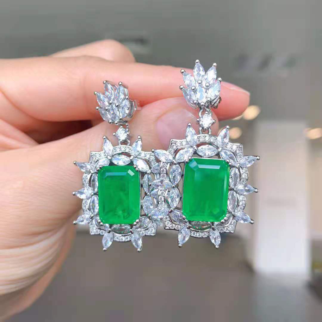 Green Aquamarine Retro Pendant Emerald Cut Diamond Luxury 18k White Gold Plated Necklace Earring Ring Jewelry Set | Mix Mix Style-Mix MIx Style