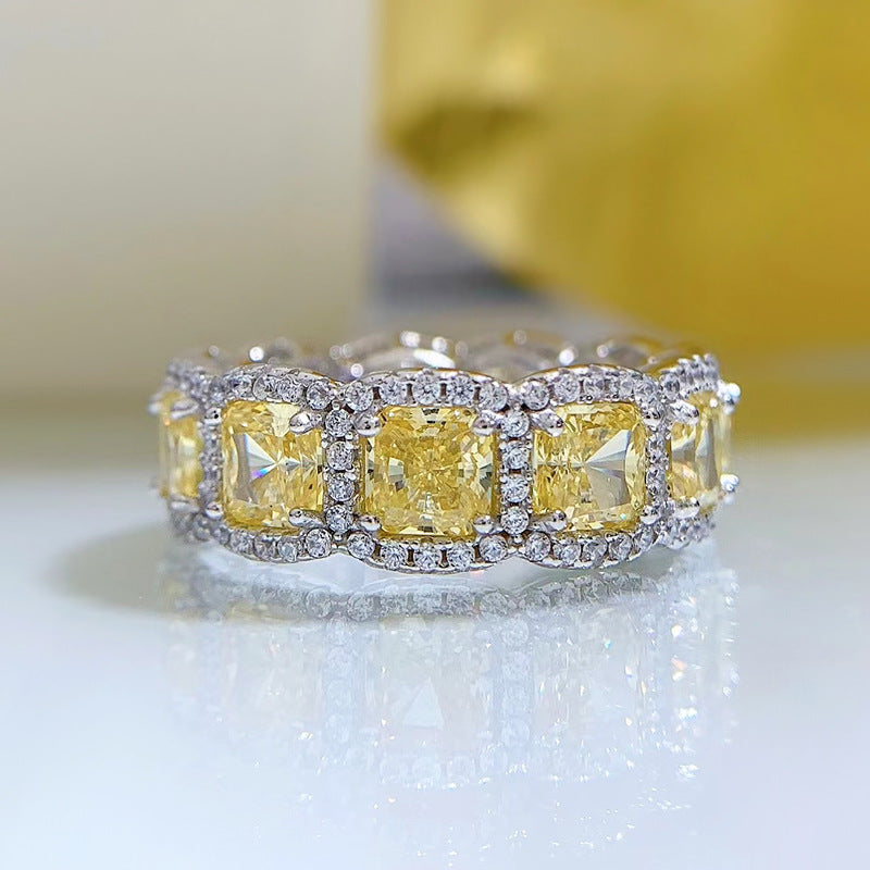 Dazzle Yellow Cusion Cut Moissanite Diamonds 18k White Gold Plated Engagement Band Ring | Mix Mix Style-Mix MIx Style