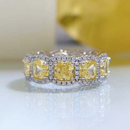 Dazzle Yellow Cusion Cut Moissanite Diamonds 18k White Gold Plated Engagement Band Ring | Mix Mix Style-Mix MIx Style
