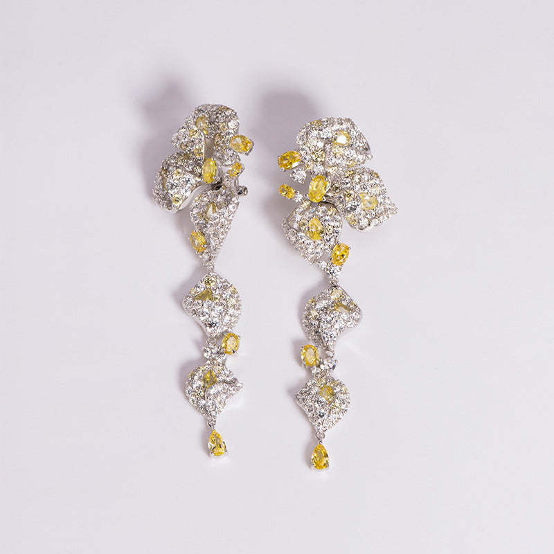 Leafs Embellished Trendy White Moissanite Diamonds Luxury 18k Vermeil Gold Plated Stud/Drop Earrings | Mix Mix Style-Mix MIx Style