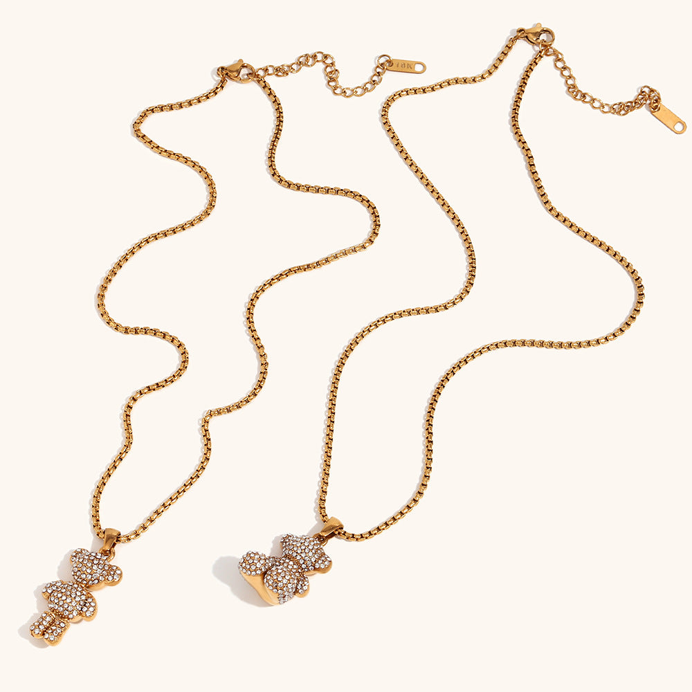 Embellished Diamond Teddy Bear Retro Pendant Luxury 18k Gold Plated Necklace Jewelry | Mix Mix Style-Mix MIx Style