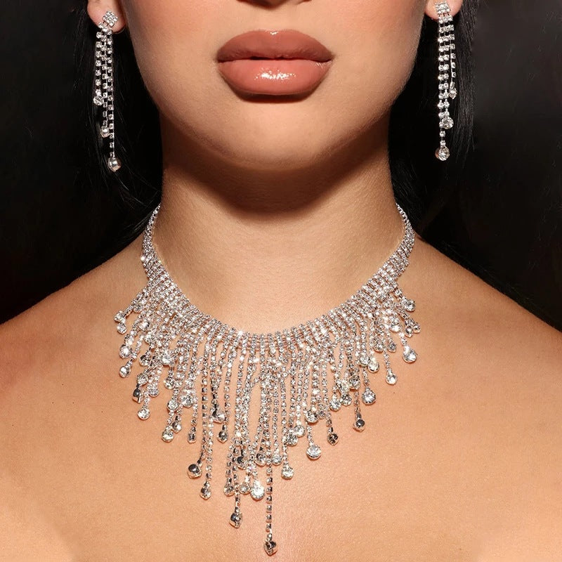 Full Diamond Tassel Necklace Set Wedding Accessories Fashion Bridal Jewelry Two-piece Jewelry Set  | Mix Mix Style [Hot Seller]-Mix MIx Style