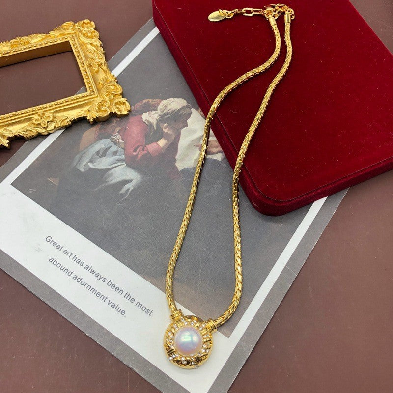 Retro White Pendant Akoya Pearl Luxury 18k Vermeil Gold Plated Necklace Earrings Jewelry Set | Mix Mix Style-Mix MIx Style