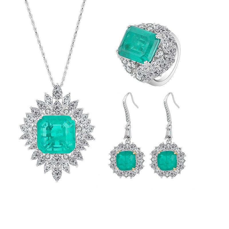 Green Retro Classic Pendant Cushion Cut Diamond 5ct Luxurious 18k Gold Plated Necklace Earrings Ring Jewelry Set | Mix Mix Style-Mix MIx Style