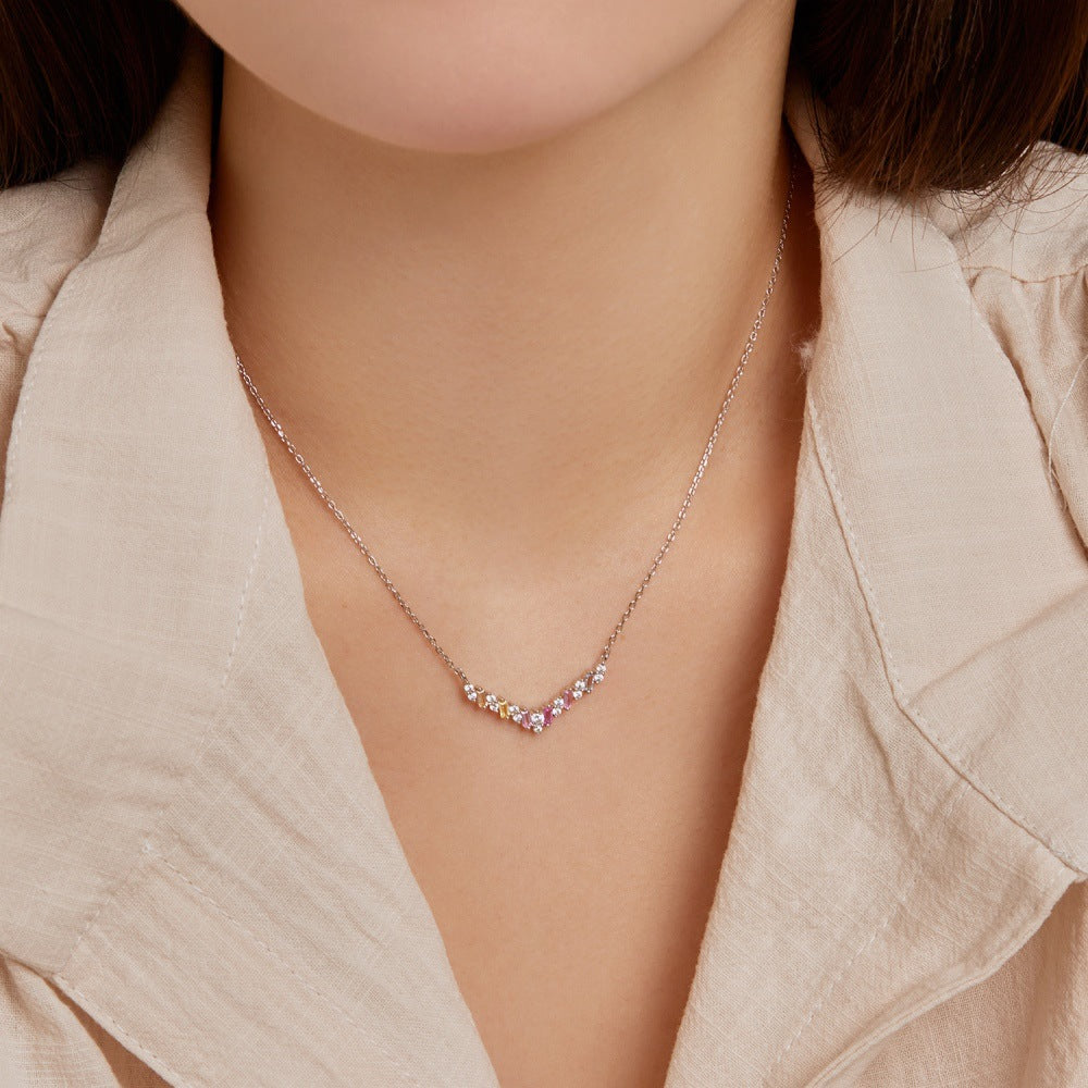 S925 sterling silver color necklace women's high-end trapezoidal rectangular zircon arrangement V-shaped design niche clavicle chain-Mix MIx Style