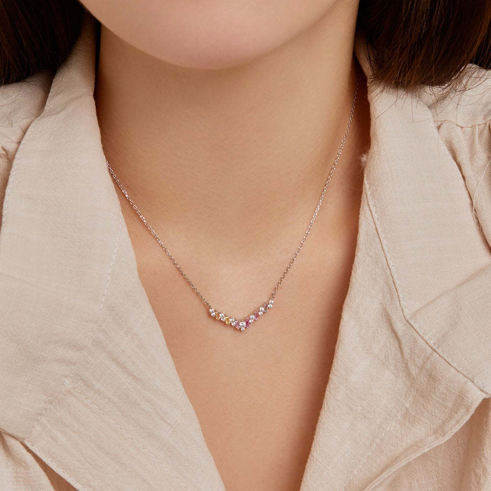 S925 sterling silver color necklace women's high-end trapezoidal rectangular zircon arrangement V-shaped design niche clavicle chain-Mix MIx Style