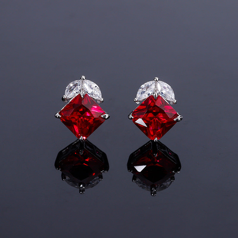 2023 New S925 Silver Jewelry Simulated Red Sapphire Square Simple Daily Style Set for Women 9*9-6*6-Mix MIx Style
