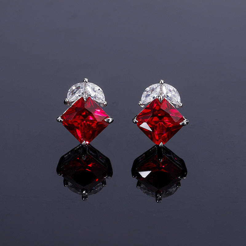 2023 New S925 Silver Jewelry Simulated Red Sapphire Square Simple Daily Style Set for Women 9*9-6*6-Mix MIx Style