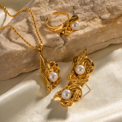 Seashell Classic Akoya Pearl Pendant Luxury 18k Gold Plated Necklace Earring & Ring Jewelry Set | Mix Mix Style-Mix MIx Style