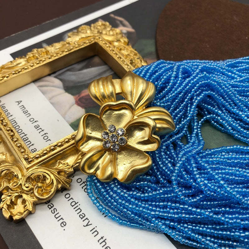 Blue Multi-Layer Beads Vintage Retro Flower Pendant Luxury 18k Vermeil Gold Plated Necklace Jewelry | Mix Mix Style-Mix MIx Style