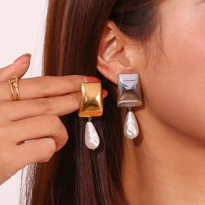 Geometric Classic White Akoya Pearl Elegant 18k Vermeil/White Gold Plated Vintage Retro Drop Earrings | Mix Mix Style-Mix MIx Style