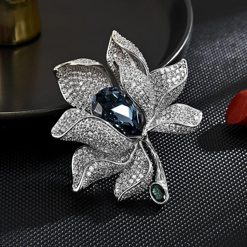 New Korean heavy blue crystal silver petal pin female pin luxury atmosphere crystal corsage suit coat accessories-Mix MIx Style