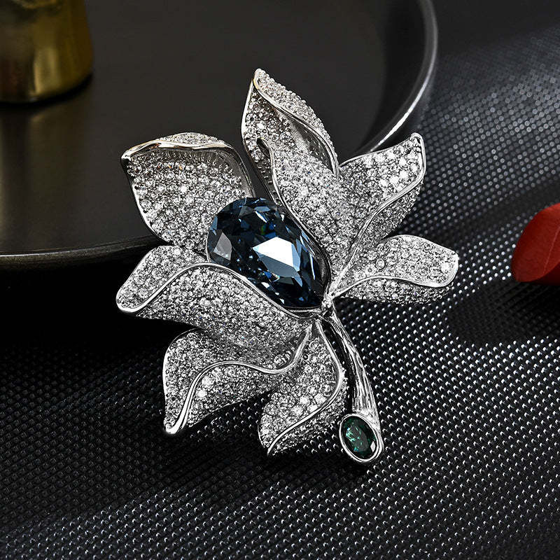 New Korean heavy blue crystal silver petal pin female pin luxury atmosphere crystal corsage suit coat accessories-Mix MIx Style