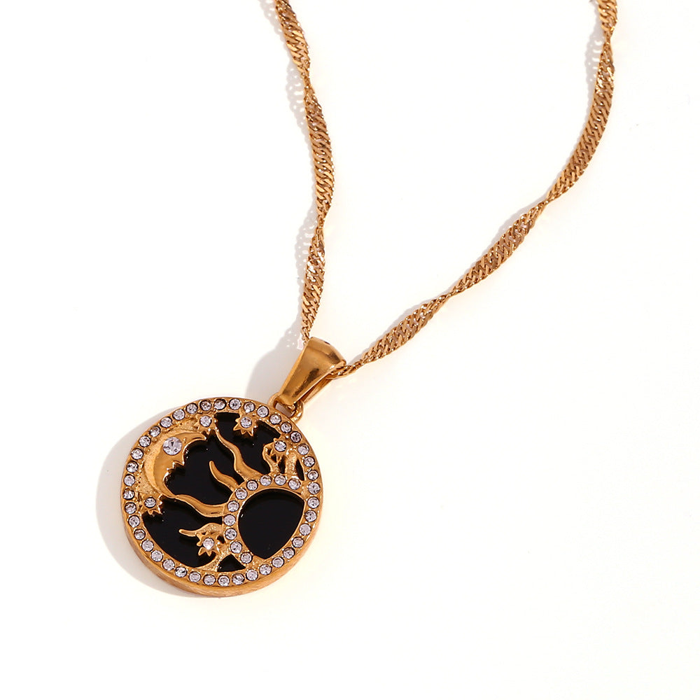 Circle Moon & Sun Retro Classic Pendant White Diamonds Luxury 18k Vermeil Gold Plated Necklace Jewelry | Mix Mix Style-Mix MIx Style